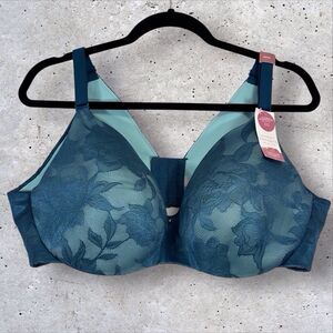Cacique 46DD Invisible Back Smoother Bra Lace Lightly Lined Balconette Teal NWT